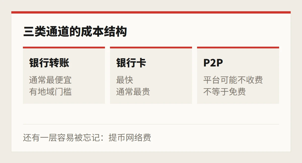 三类出入金通道的成本结构对照：银行转账、银行卡与 P2P 各自的优势与代价