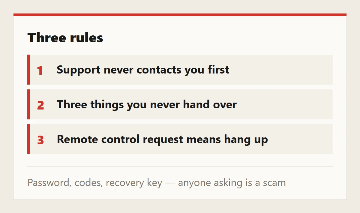Three rules for spotting scams: support never contacts first, three things you never hand over, remote control means hang up