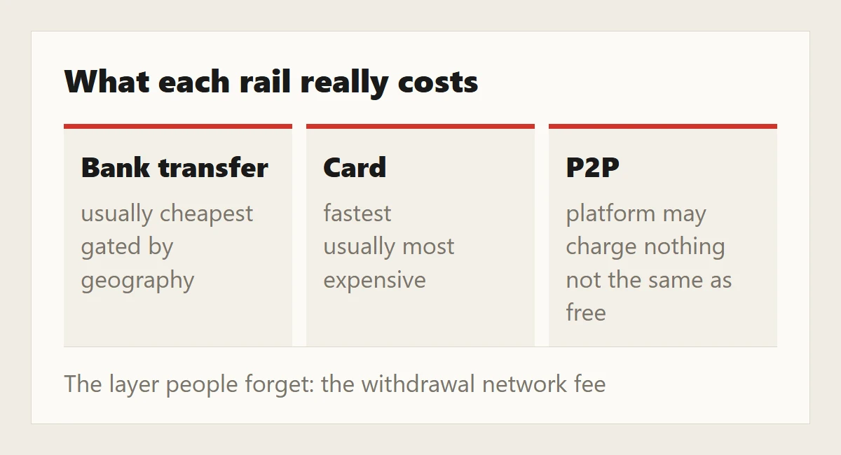 Cost structure of the three funding rails: bank transfer, card and P2P